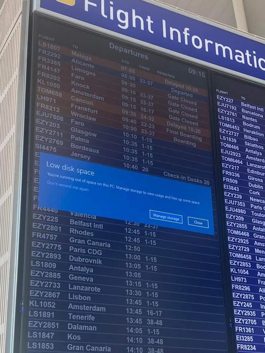 Meanwhile, somewhere at a European airport, an IT guy is about to get fired. 😅 8-30-2023 europe airport flight information screen low disk space dank memes